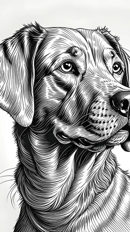 Generate a high-resolution black and white line art illustration of a dog. Emphasize clean lines and intricate details, capturing the essence of the dog's personality. The style should be elegant and refined, with a focus on creating a timeless and artistic representation. Consider depicting the dog in a natural pose or a pose that reflects its characteristic behavior.