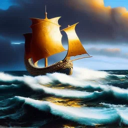 portrait of 'Viking Ship on rough seas',snow,viking with horned helmet,ancient armor,painting by Earl Norem, simon Bisley,frazetta evan lee, Vallejo,kelly oil on canvas, cinematic composition, extreme detail,fit full head inside picture,8k