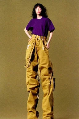 year 1998 denim fashion. Loose, baggy, low waist Combat pants and t-shirt. Colors: denim blue, blue, purple, cream, khaki, light green, lilac, plum, orange, terracotta, red, light yellow, lion yellow, pink, dark blue, beige. Lynx-pattern, Sturnus vulgaris-print. wide belt. Partly latex or leather. Kylie Minogue, Tyra Banks. leg warmer. Cargo pants and hoodie!