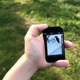 little kid, mobile photographer holds his phone to capture insect, phone's back cover printed as "LPW"