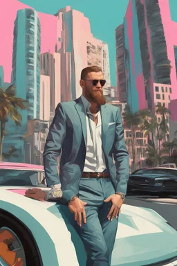 GTA VI Miami Vice style Conor McGregor Pop Art psychology oil paiting In depth psychology display in the background in the city artgerm display Gustav Klimt style artgerm display in the Miami Vice the 2024th century oil paiting. and the city itself seemed like a big illusion, full of light and shadows GTA VI Miami Vice city the 2024th century