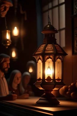 A teacher with a lit lamp and books in front of him is teaching a group of students