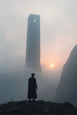 The prince standing at the base of the Needle(the mega high and thin prison tower with one window on top), soaked and exhausted but alive, dawn breaking over the misty fields.