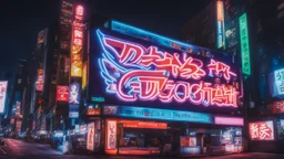 a billboard branded writing english Odk Tokusentai in neon light, in the city center, at night.