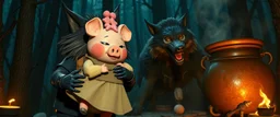 hot dog factory , in magical black forest the bad hairy chest shiny mutant wolf carrying a lovely scared wtf are you up to, Korean pig girl with dress under his arms, big cauldron in the background in the style of fallout 4,