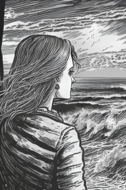 une femme qui regarde la mer, dessin en noir et blanc pour coloriage