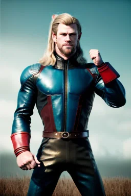 retro portrait image from 1960, sky background, wind, extra long blonde hair, fighting stance, young Chris Hemsworth, clean shave face, black dress, classic long tight lycra black suit, red cap, platinum lycra with scales on the arms, gold bracelet and belt, high boots, soft color, highly detailed, unreal engine 5, ray tracing, RTX, lumen lighting, ultra detail, volumetric lighting, 3d, finely drawn, high definition, high resolution.