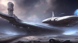 Sleek Cargo Spaceship Sitting In A Ruined Landscape