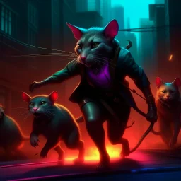 Gato cyberpunk persiguiendo tres ratas vestidas con corbata