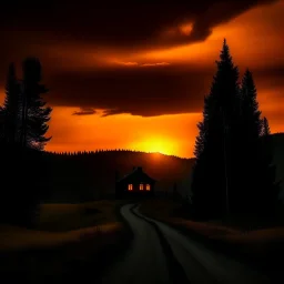 dark night, orange sunset colors in the sky, a lonely cottage in the distance on a mountain in the woods, a lonely dark silhouette walking down the road