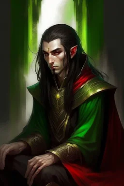 half-elf, half-human with long ears, head lowered, dark hair hanging in separate strands covering the face, only emerald-light eyes are visible, black robe and red lines from the shoulders, going closer to the neck and going down, dividing the black and red shirt, golden ones are visible lines the whole body sits on a chair with one hand holding a spear holding a spear slightly transparent black female hands on the sides stand in human height shadows like guards