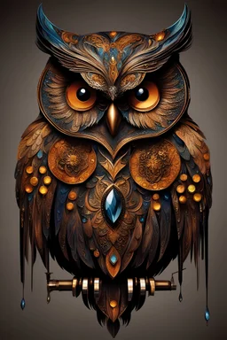 Splash painting of a decorative owl, gothic, dark complementary colors, jeweled, cut metal, intricate detail, many small details, lights and shadows, HD effects, reflections, shimmer, shine