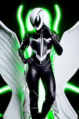 Cyborg symbiote, white color, green color, tendrils, high tech, cyberpunk, biopunk, membrane wings, carbon fiber