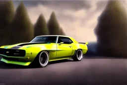 a true-to-life 1969 chevrolet camaro pro street widebody, two-tone paintwork, classic hotrod wheels, detroit steel wheels, pen and color marker, centered, intricate, extreme detailed, photorealism, center view, stylized random background, pivot on camaro, painting by cheryl kelley