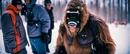 close up documentary photography, Yeti, Bigfoot, Yeti Scientist, Dystopian, Japanese, Extreme depth of field, bokeh blur, winter, blizzard, Alberta, all-natural, in the style of candid, imperfection, natural lighting, Professional shot, shot on Agfa, Fuji Film, Anamorphic lens, 1980s, --ar 4:5 --w 150 --style raw