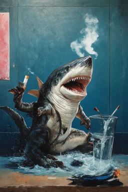 catfish with shark head smoking a ciggarrette in the style of banksy