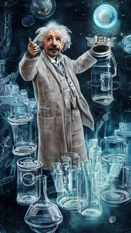 Albert Einstein, detailed and intricate calligraphy ink painting of a "cyborg Mad Scientist" holding beakers, outer space Background cosmic fractals, dystopian, concept art, unreal engine 5, god rays, ray tracing, RTX, lumen lighting, ultra detail, volumetric lighting, 3d, finely drawn, high definition, high resolution. award-winning: professional portrait: atmospheric: commanding: fantastical: clarity: 16k: ultra quality: striking: brilliance: stunning colors: amazing depth: masterfully crafted