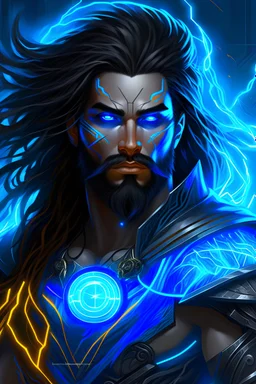 Young male Psyker, glowing veins, blue eyes, swirling with energy, powerful, technology, warhammer 40k, implants, lightning aura, dark hair, long hair, beard