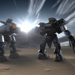 Armored Core machine robot fights another Armored Core fly in the sky in the desert with the ocean where you can see the space in the sky with the night on the horizon, 4k resolution