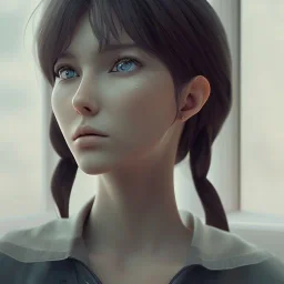 Anime, female student studying on window,perfect face, cool face, ultra detail, unreal engine 5, cinema4d, sun light, studio lighting --ar 1:1 --v 4