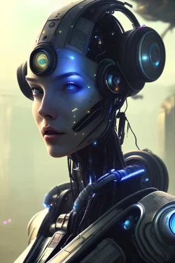 portrait,beautiful robot, post-apocalyptic in a cyberpunk city, realistic, intriacte detail, sci-fi fantasy style, volumetric lighting, particales,highly detailed,cinamatic, deep colours,8k