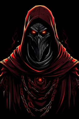 Vector Art, Front View, Magneto, stylized, top half, half skin, black background, chains around body, Red eyes