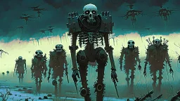 (Bio-engineered undead skeleton machine army) marching, (menacing), glowing eyes, tactical wear, gas masks, dark winter landscape, techno gothic aesthetic, epic, science fiction painting, (Denis Sarazhin, Alex Colville, Simon Stålenhag, Neil Blomkamp, Christopher Shy, Alejandro Burdisio, Yoji Shinkawa, ominous sky), RAW, gritty, high contrast, atmospheric horror art, vivid, neon overlay, harsh textures, dramatic, surreal horror, retro futuristic, nightmarish art, apocalyptic, atypical art