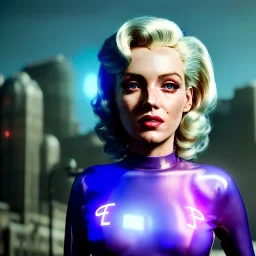 Realistic movie image, retro sci-fi, portrait, blonde action woman, sweet Marylin Monroe face, perfect iris, glow eyes. tight latex tights suit. City, metropolis movie style . epic style, vibrant color, highly detailed, unreal engine 5, ray tracing, RTX, lumen lighting, ultra detail, volumetric lighting, 3d, finely drawn, high definition, high resolution.