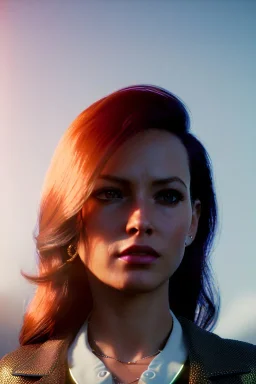 Young business woman, sci-fi, auburn hair, orange eyes, gold jewelry, elegant hair, retro neon style, a lot of led lights, fog, rain, leather, vibrant color, highly detailed, art stations, concept art, smooth, unreal engine 5, god rays, ray tracing, RTX, lumen lighting, ultra detail, volumetric lighting, 3d, finely drawn, high definition, high resolution.