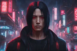 Itachi in 8k cyberpunk cgi artstyle, crow them, neon effect, close picture, rain, apocalypse, intricate details, highly detailed, high details, detailed portrait, masterpiece,ultra detailed, ultra quality
