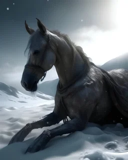 a dead horse covered in a stange alien life form, the horse is on its side, dead, buried under the snow, its rider bead by its side, Apocalyptic, epic, photo-realistic, widescreen, cinematic, movie