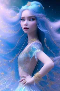 woman glitter blue fairy in a galactic ambiance, long blue hair, detailed gorgeous smile, delicate colors in the foreground, full of details, smooth, light effect，vaporwave colorful, smooth, extremely sharp detail, finely tuned detail, ultra high definition, 8 k, unreal engine 5, ultra sharp