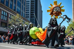 cartoonish jesus parade balloon pulled by multiple grim reapers, multi colored, bright, vivid, psychedelic, high detailed, high gloss, insanely detailed, matte, horrorcore, lining the street, unsettling contrast, monument to death, live action shot grim reaper parade, pulling a jesus parade float
