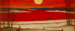 A red winter tundra with a frozen lake designed in Indian Gond art painted by Albert Pinkham Ryder