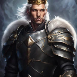 Male Tan Human, White Hair, Handsome Face, Wearing A Magical Crown, Black Heavy Armour, Dark colours theme, Very Dark Background, Paladin Greatsword Strapped to his Back