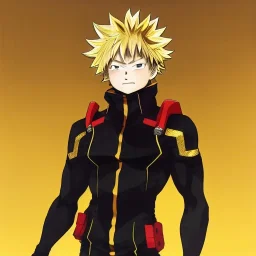 Detailed anime portrait of bakugo from my hero academia, gold hair and golden eyes, black suit, intricate details, full body portrait, keep head in frame, slight smile, black Japanese motif, concept art, highly detailed, digital painting, concept art, sharp focus, illustration, art by Yoji Shinkawa, WLOP and greg rutkowski and alphonse mucha and artgerm and yanjun Chen and Junji ito and Makoto Shinkai, HDR, octane render