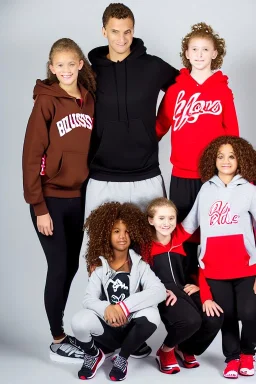 Studio shot of a Caucasian family with a mother with shoulder length blonde hair dressed in workout clothes a father with brown curly hair wearing workout pants and a black zip up hoodie a young teenage boy with brown hair dressed in comfortable clothes a young woman with red hair and dressed like an egirl a young athletic boy with messy red hair dressed in popular clothes a messy looking 5 year old with red hair and a goofy smile a toddler with blonde hair dressed in pajamas