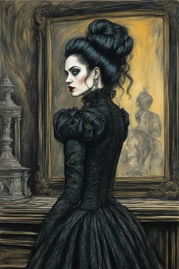 create a 3/4 profile, full body oil pastel of a dark haired, savage, ornately dressed, gothpunk vampire girl with highly detailed , sharply defined hair and facial features , in a smokey 19th century drawing room in the style of CHILDE HASSAM, and JOHN SINGER SARGENT