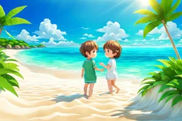 3d digital art of chibi young girl and boy enjoying sunshine on the beach, blue sky, happyness, nice azure sea, green plants, vibrant warm colors., detailed, cinematic, 3d anime