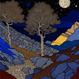 Colourful, peaceful, Egon Schiele, Max Ernst, Vincent Van Gogh, night sky filled with galaxies and stars, rocks, trees, flowers, one-line drawing, sharp focus, 8k, deep 3d field, intricate, ornate