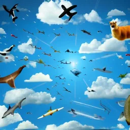 hundreds of different animals flying in the sky, photo realistic, zoom in, masterpiece