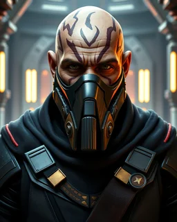 star wars heavily scarred head bald male corellian jedi wearing gunmetal grey and black old republic armored flightsuit and breath mask with gold and metallic red trim inside the jedi temple, centered head and shoulders portrait, hyperdetailed, dynamic lighting, hyperdetailed background, 8k resolution, volumetric lighting, light skin, fully symmetric details