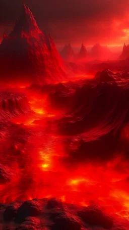 Lava lake in hell with land surrounding it, realistic close up