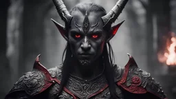 Portrait of a dark elf, body, large red transparent eyes, warrior looking into the camera, intricate skin, detailed pagan symbols, intricate magical symbols, two swords, armor, dungeon, volumetric fog, fire, smiling, creepy, terrifying, mysterious, black- white video, extremely detailed, 4k, 35mm lens, sharp focus, intricate detail, long shutter speed, f/8, ISO 100, 1/125 shutter speed, diffuse backlighting, facing camera, looking into camera
