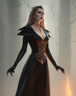 evil queen in black leather gown, busty, cleavage, angry, emperious, 8k resolution concept art portrait by Greg Rutkowski,