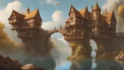 medieval buildings with balconies overhanging lake edge with blue sky and people, photorealism, fantastical, intricate detail, splash screen, concept art