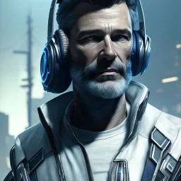 portrait, rugged middle aged male DJ cyborg with headphones Christian Boshell, post-apocalyptic in a cyberpunk city, realistic, intricate detail, sci-fi style, volumetric lighting, particles, highly detailed, cinematic, deep Generate ultra-high-resolution, a photorealistic image in the style of an overwatch character in a nightclub.