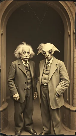 An old picture style of white and brown and very bad quality old Kodak camera with cracks of Einstein standing with an Alien who is wearing a suit, the year 1900