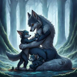 fantasy anime art from an gray bodyhair wolf female anthropomorphic wolf female hibrid kneeling hugs her two anthropomorphic wolf-kid hibrid child on field, in background tall trees wirh big trunks, rain, down on blue-green moss, hug each other , rainy day, high contrast, high detalied, atmospheric, fantasy, sci-fi mood