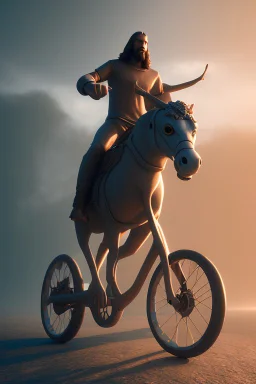 jesus riding bike, volumetric fog, 4k, trending art, depth of field, radiosity